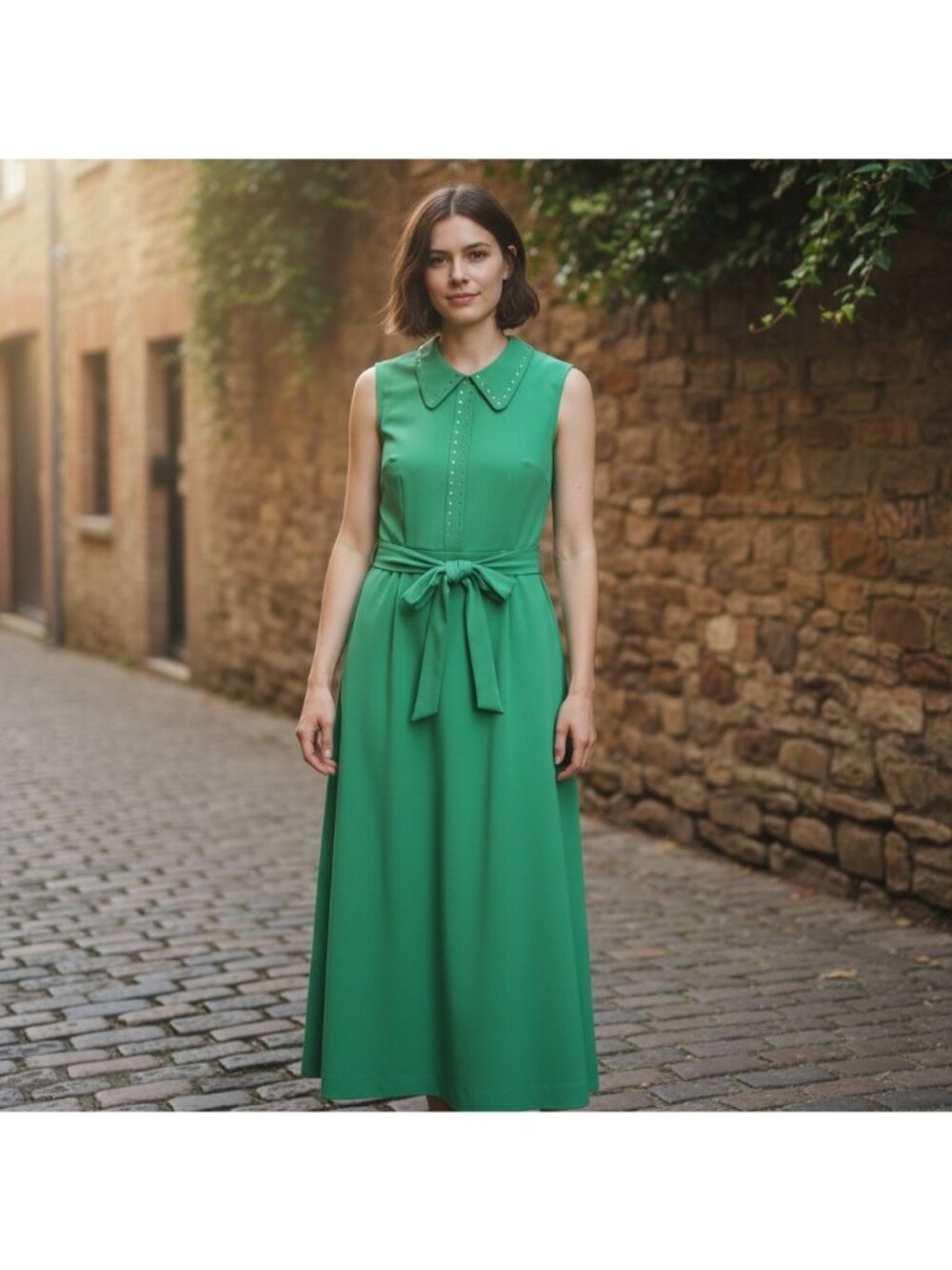 Vintage Womens Green Sleeveless Maxi Dress W/ Studded Collar & Belt - Picture 2 of 16
